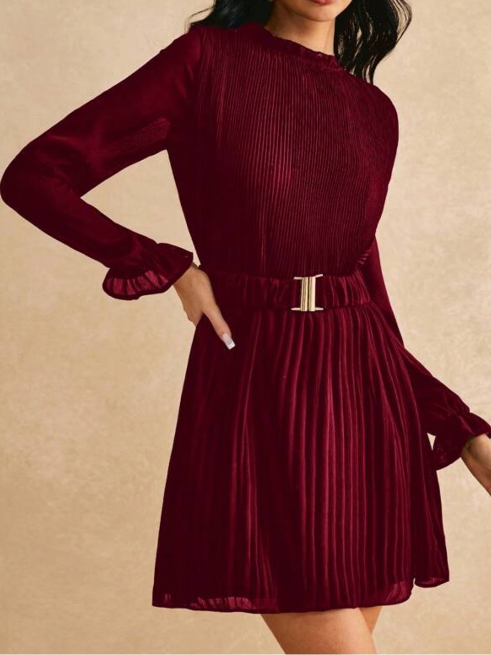 SHEIN Burgundy Pleated Long-Sleeve Belted Mini Dress